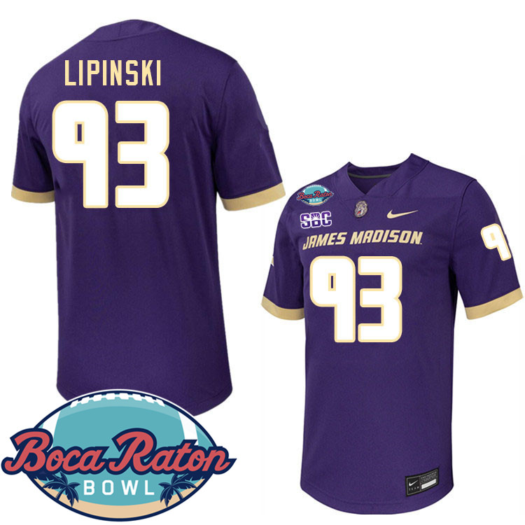 #93 Max Lipinski James Madison Dukes 2024 Boca Raton Bowl Jersey-Purple